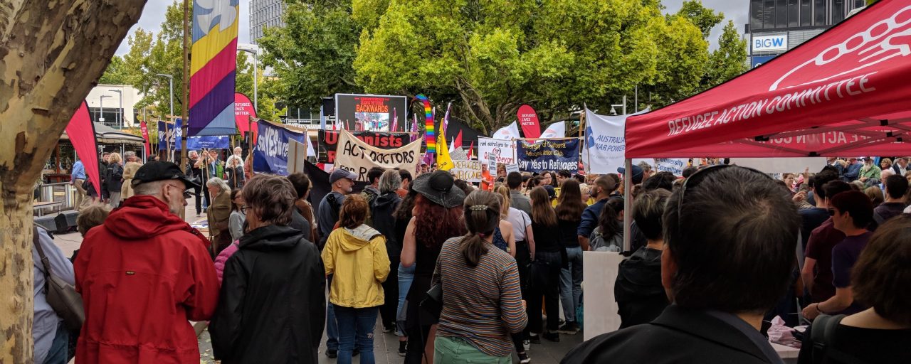 Crowds gathered in Garema Place at a rally for refugees